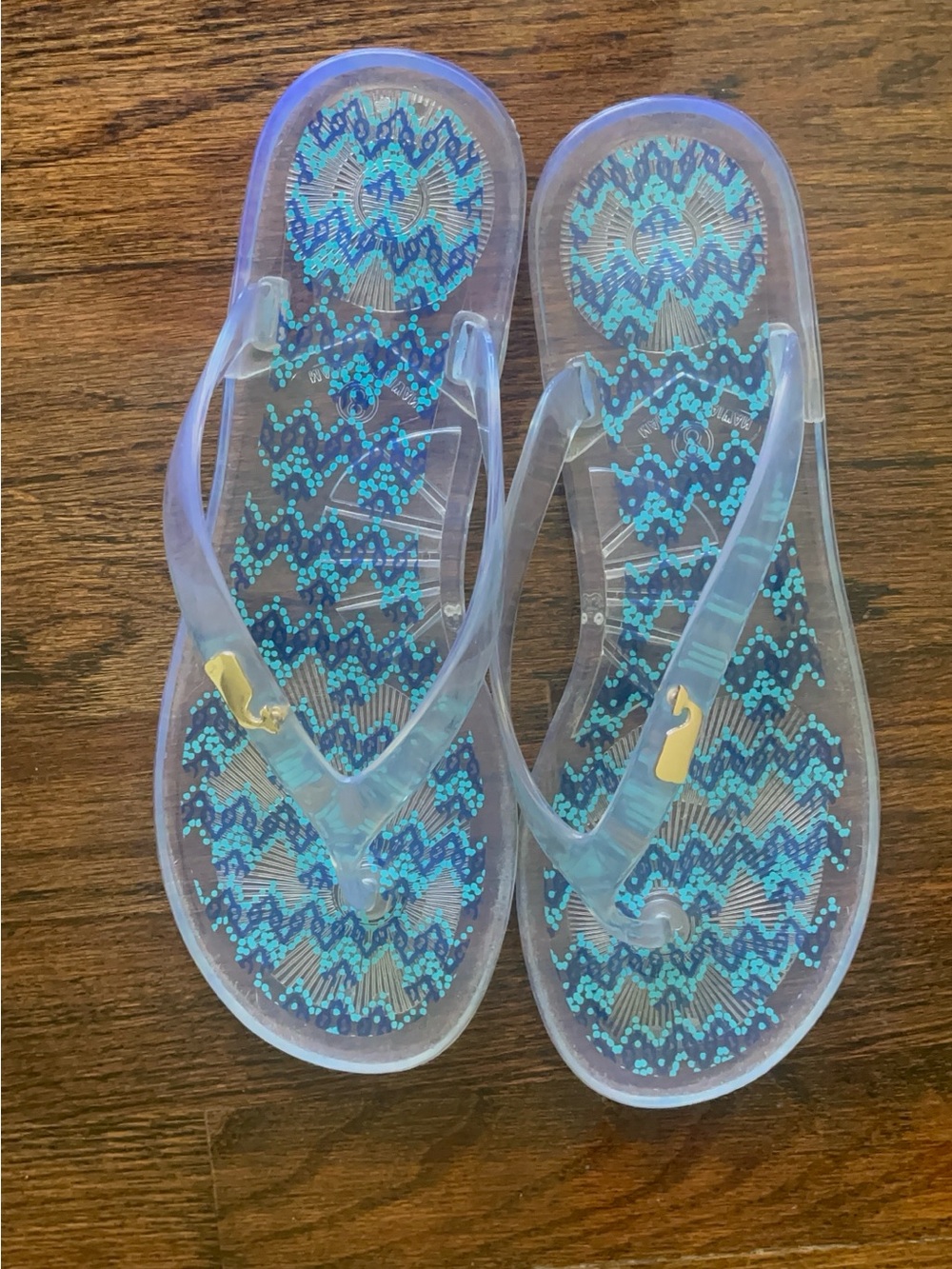 Vineyard Vines Clear Jelly Sandals with Blue Pattern and Gold Whale Charm